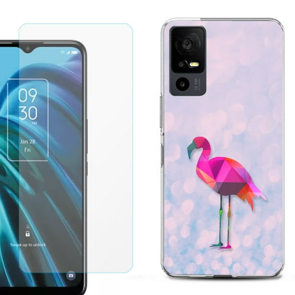 OneToughShield ® for TCL 40 XE 5G Shockproof Fashion Phone Case, with Tempered Glass Screen Protector - Flamingo / Polygon