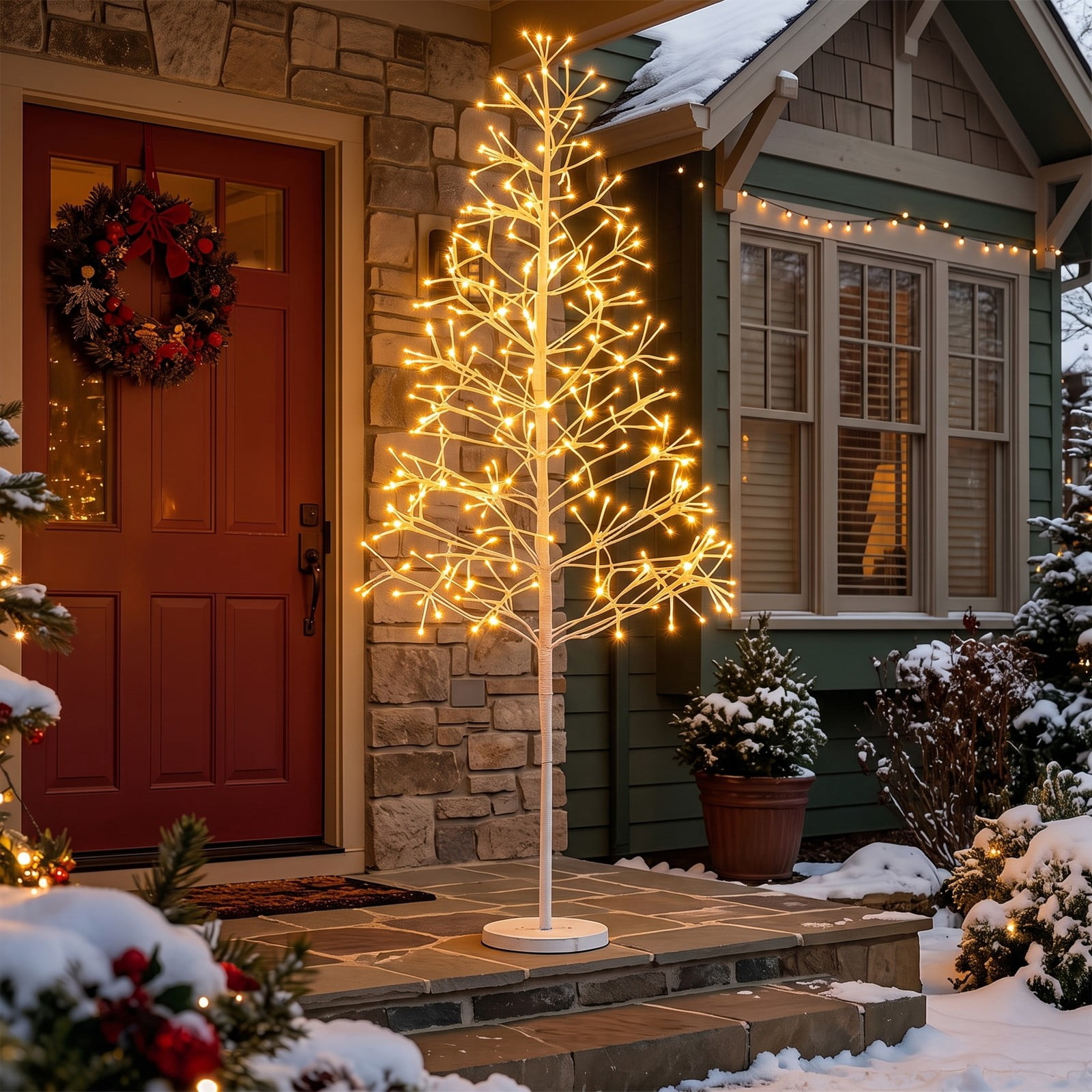 RUIE 5 FT Pre-Lit Birch Tree, Lighted Twig Tree with 240 Warm White LED Lights, Weighted Cement Base, Flexible Branches for Christmas Holiday Home Party Wedding, White