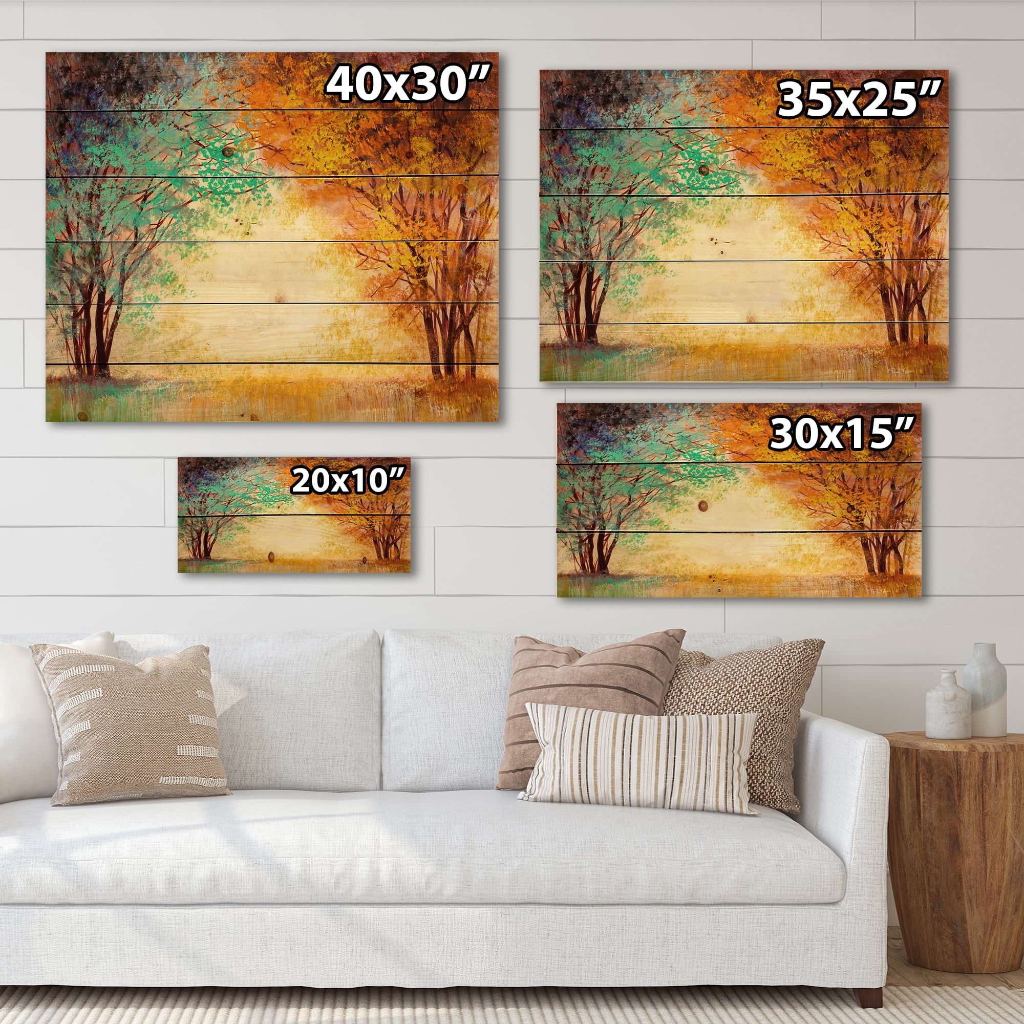 Designart 'Alley Through The Turquise Park In Autumn Sunset ' Traditional Print on Natural Pine Wood