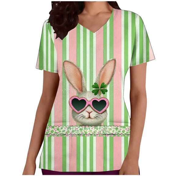 cocolona Scrubs for Women, Easter V-neck Short Sleeve Bunny Eggs Print Scrubs Tops Stretch Loose Workwear Uniform T-shirt