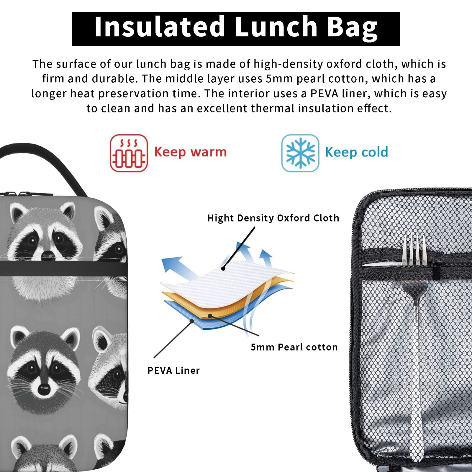 Lunch Bag For Women Men Insulated Portable Lunch Box Bento Box Office Picnic Travel Cooler Bag Raccoon Head Image