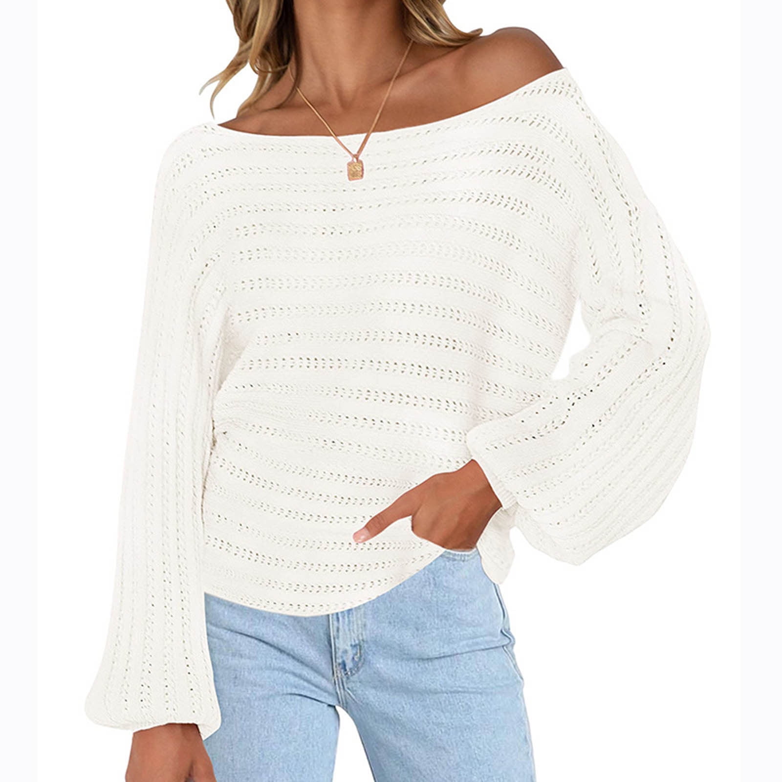 REORIAFEE Women's Off Shoulder Sweater Cable Knit Casual Loose Pullover Y2k Sweaters Long Sleeve Round Neck White S - Walmart.com
