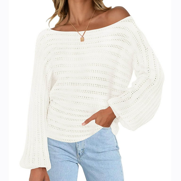 REORIAFEE Women's Off Shoulder Sweater Cable Knit Casual Loose Pullover Y2k  Sweaters Long Sleeve Round Neck Sweater White S