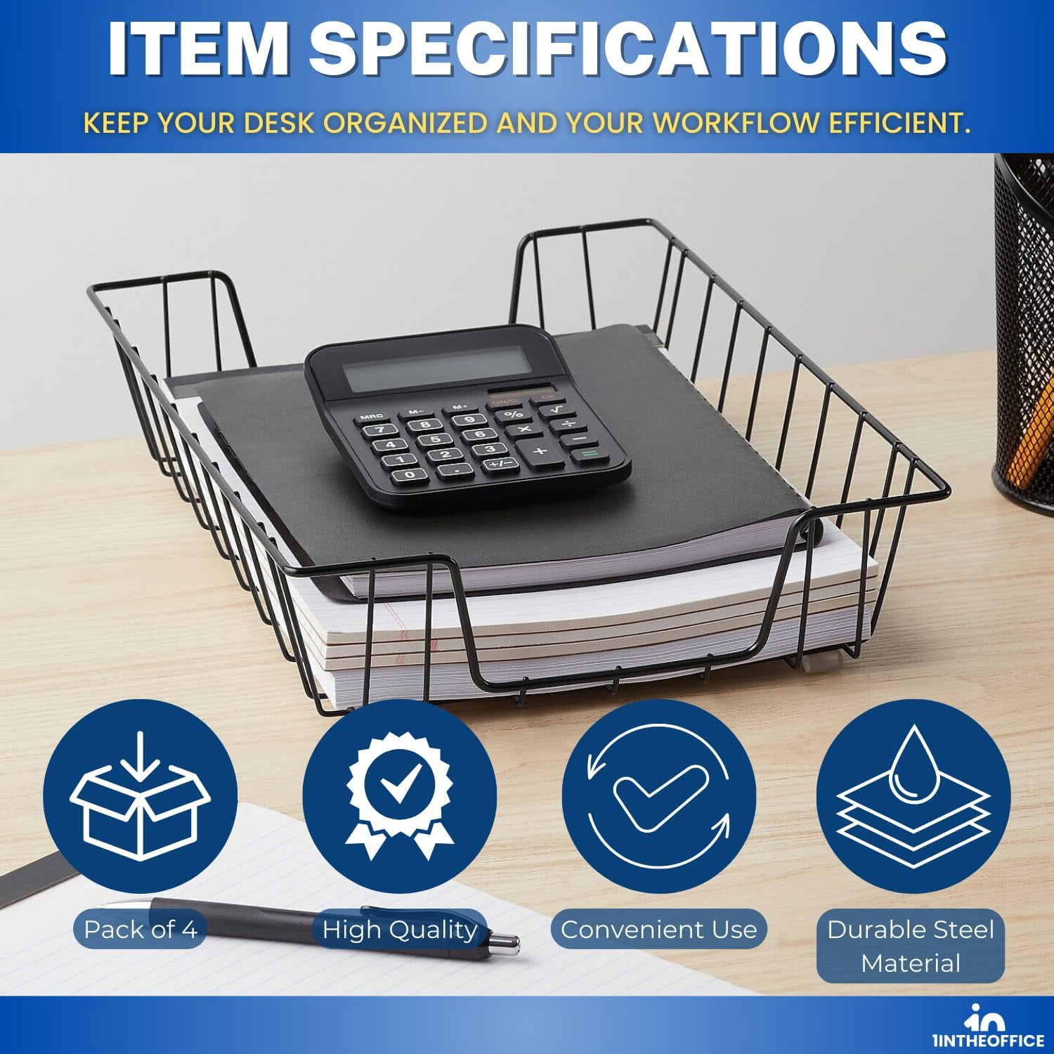 1InTheOffice Paper Tray, Paper Tray Organizer for Desk, Desk Paper Tray, Steel, Black, 4 Pack