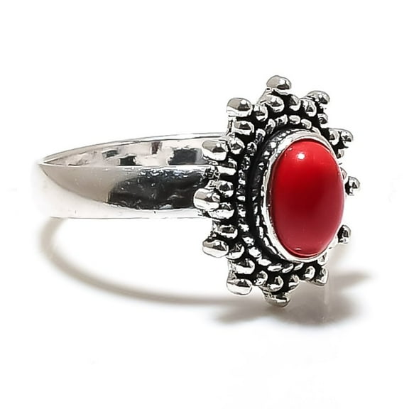 Italian Red Coral Gemstone Handmade 925 Sterling Silver Jewelry Ring Size 7