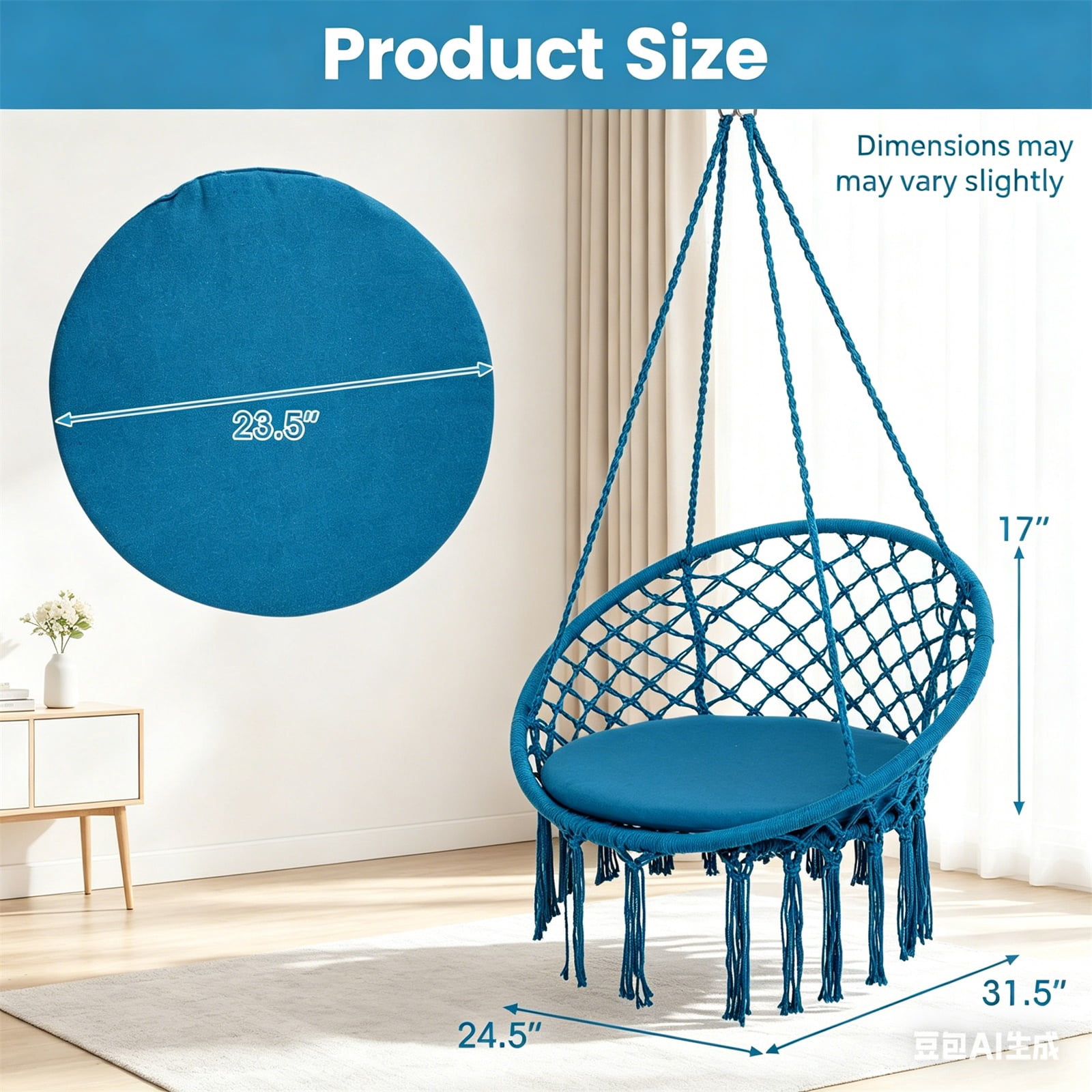 Hommoo Macrame Swing Chair Hammock Chair with Round Cushion Seat, Handmade Knitted Relax Hanging Cotton Rope Chair for Home, Blue