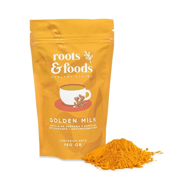 ROOTS & FOODS - Golden Milk "Leche dorada" en polvo 120 tazas. Deliciosa Bebida Natural y Antioxidante a base de Cúrcuma, Jengibre, Canela, Cardamomo y Pimienta. Contenido 180