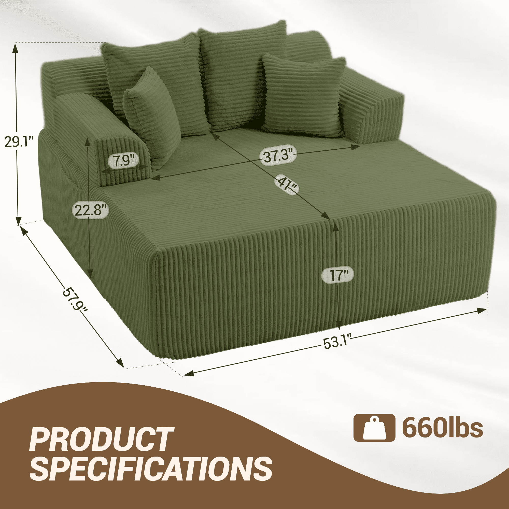 WENTUM 58" Chaise Lounge Chair Indoor, Oversized Corduroy Boneless Sleeper Sofa Bed with Armrests & 4 Pillows, No Assembly for Living Room, Green