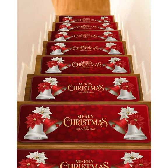 Merry Christmas Stair Treads for Wooden Steps Indoor Runner Rug Carpet, Xmas Bells Poinsettia Winter Holiday 15 Pieces Peel and Stick Staircase Step Treads Covers Washable Throw Door Mats, 30"x8"