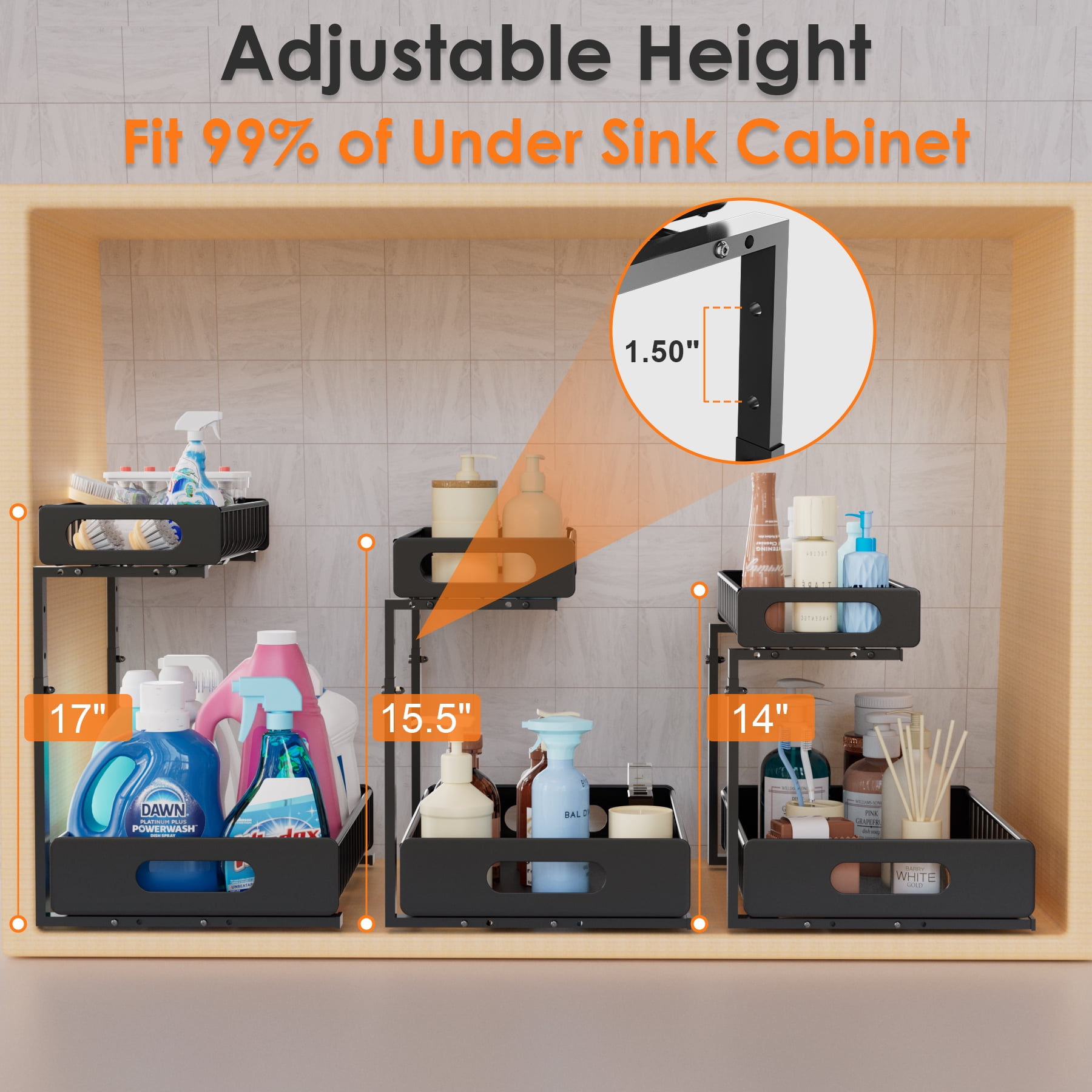 Under Sink Organizer, 2 Tier Slide Out Under Kitchen Sink Organizer and Storage, LASHOW’ Height Adjustable Pull Out Kitchen Bathroom Metal Sink Storage Shelves.
