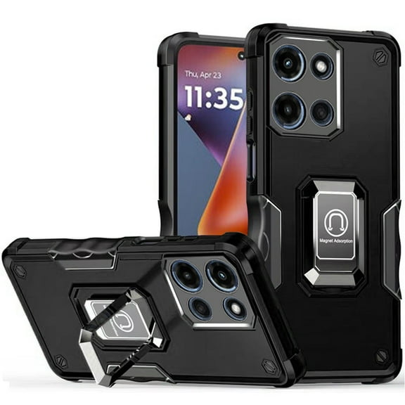 Military Grade Shockproof Hybrid Armor Case with Ring Grip for Motorola Moto G 2025 - Black