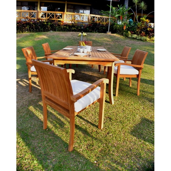 7 PC A Grade Outdoor Patio Teak Dining Set - 117" Double Extension Rectangle Table & 6 Naples Stacking Arm Chairs