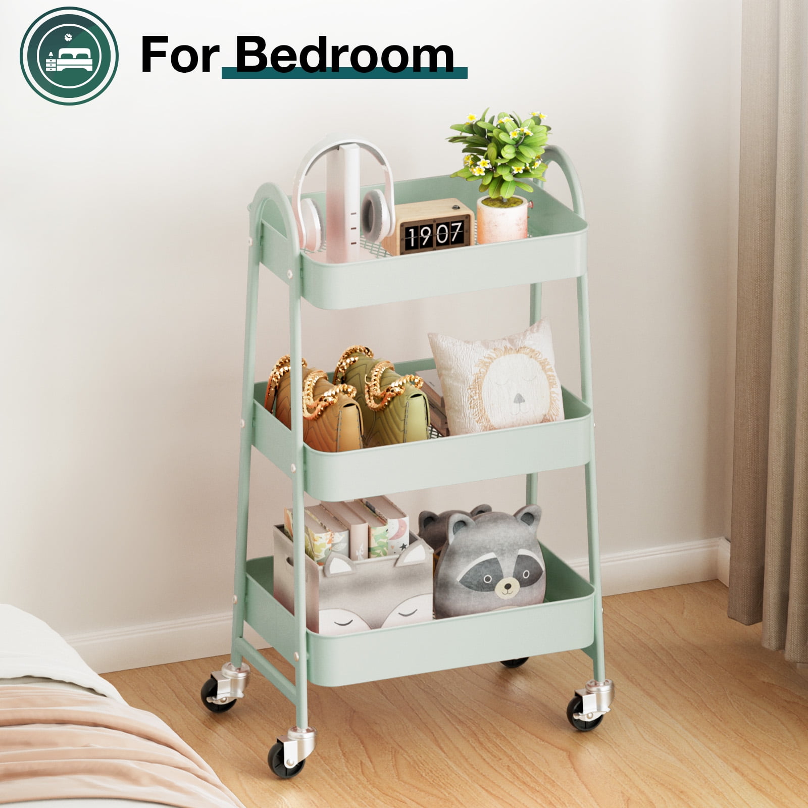 ZUNMOS 3 Tier Rolling Cart, Metal Utility Storage Cart with Lockable Wheels for Livingroom, Bathroom, Kitchen & Narrow Spaces,Green