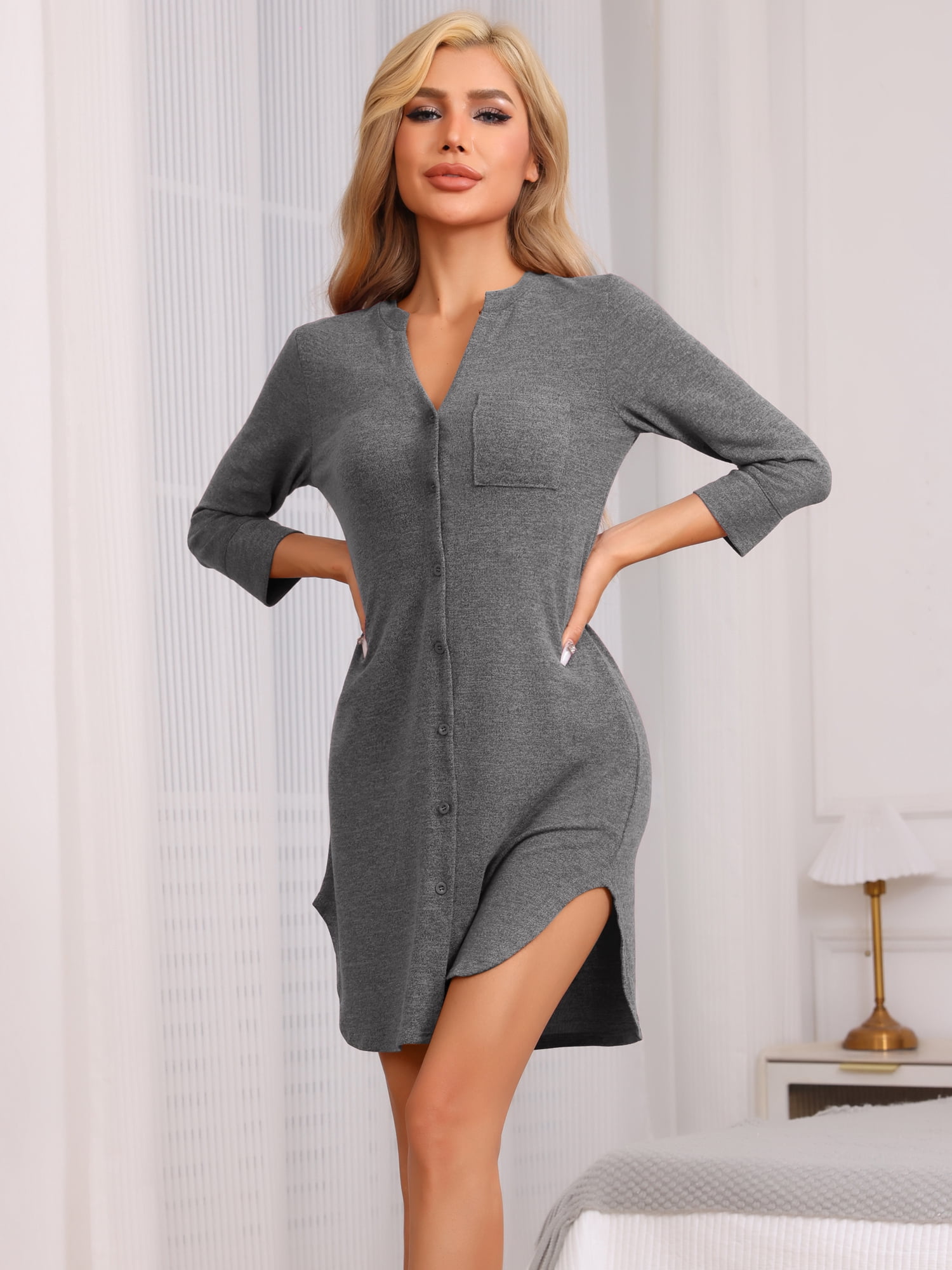 DARING DIVA Women's Half Sleeve Button Down Knit Strechy Soft Sleep Dress XL Deep Grey