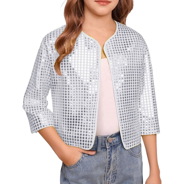 Girls Carnival Cheerleader Sparkly Stage Performance Jacket Open Front Cardigan with Sequins Polka Design