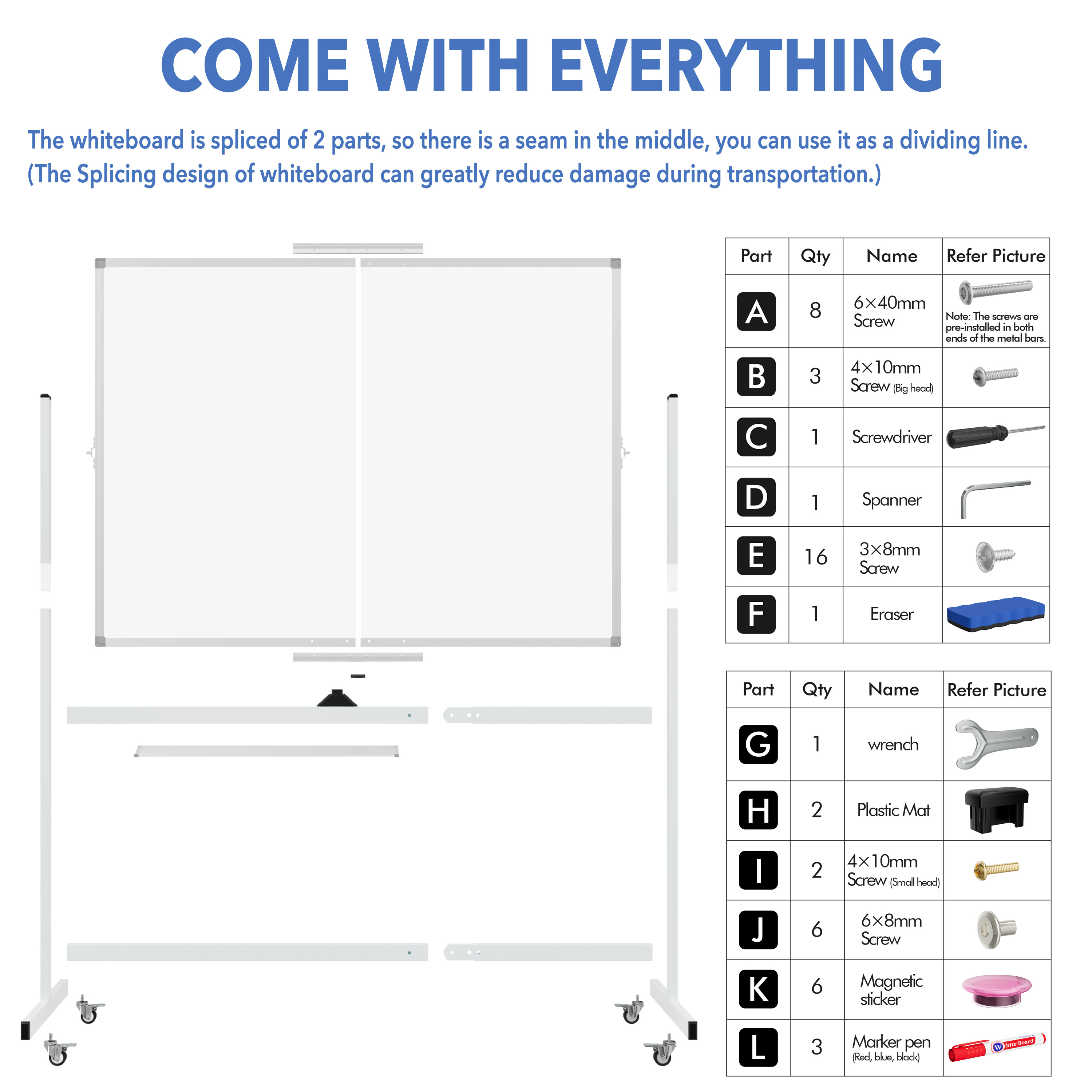 Tooloton 48" x 36" Double-Sided Rolling Whiteboard photo 6