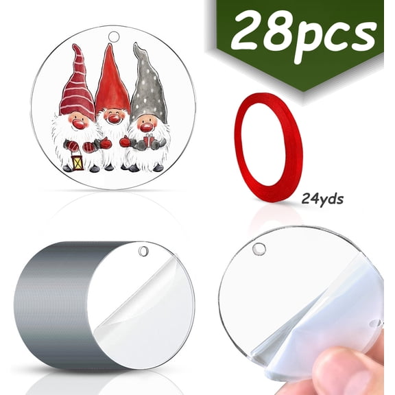 Blank Sublimation Ornaments Clear Round Acrylic DIY Circle Bulb Xmas Bauble Tree Decoration, Stocking Name Tag, Holiday Tags, Momento, 28 Pcs 2.95"