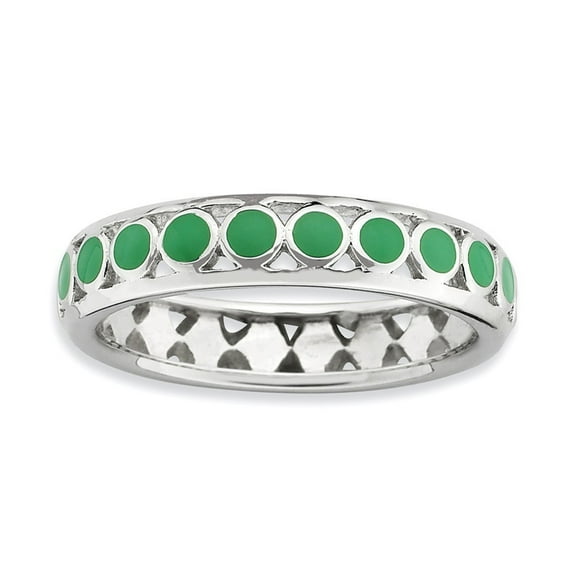 4.5mm Sterling Silver Stackable Polished Green Circles Enameled Ring - 2.7 Grams - Size 5