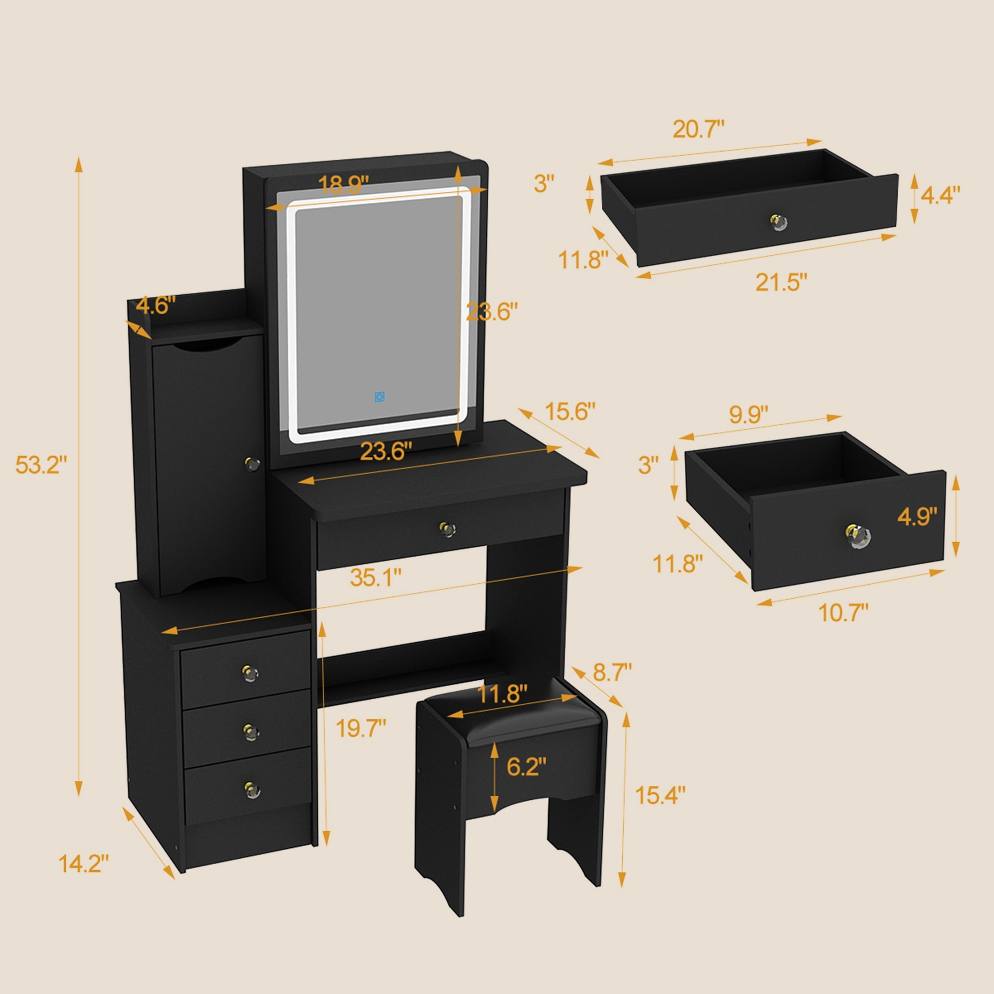 MONSLIPA Vanity Set with Light Mirror, Makeup Dressing Table with 4 Drawers for Bedroom, Black