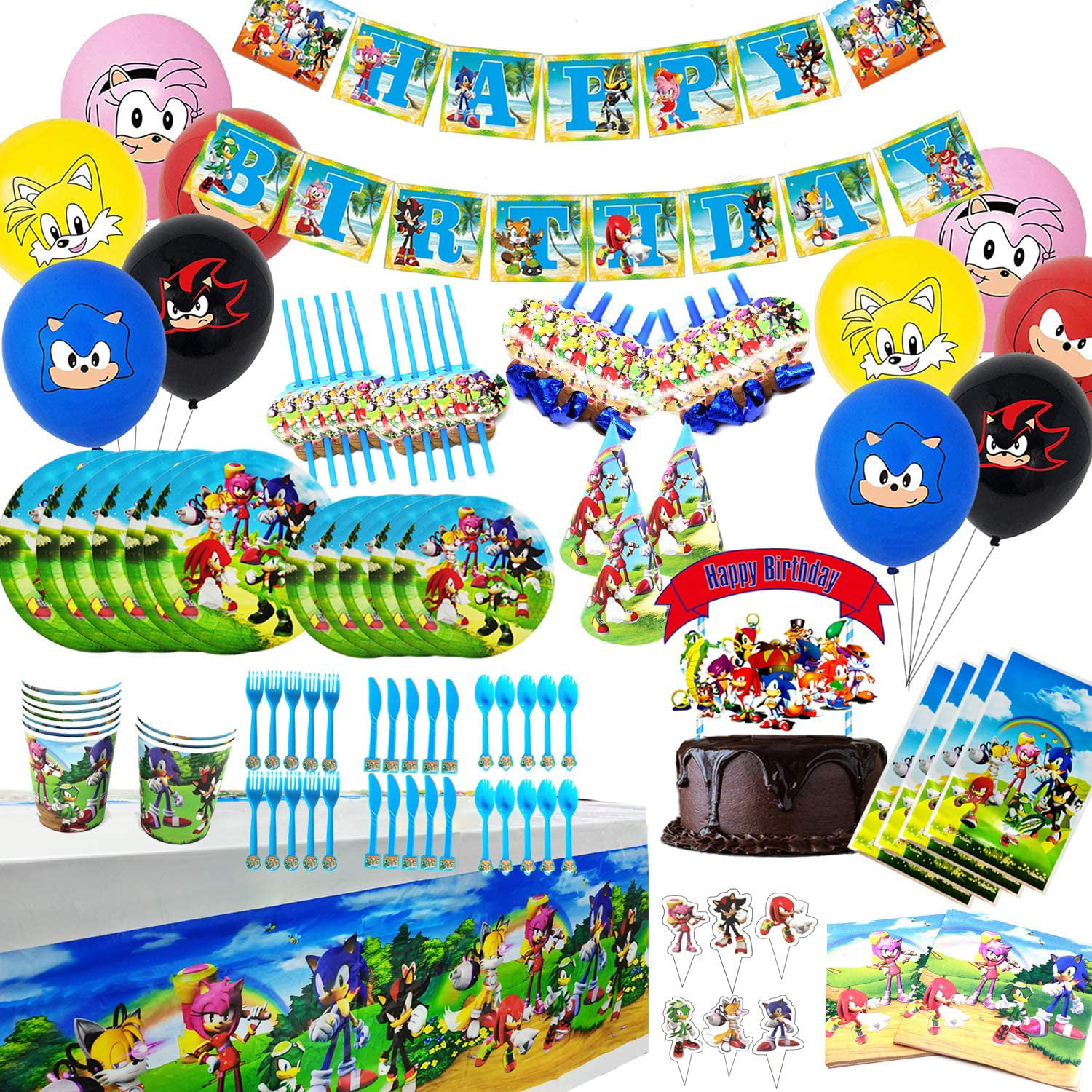 Straws Tablecloth Pack Set for Kids Boy Napkins Plates Banner Flatware Balloon Cake Toppers Sonic Party Favor Decorations Birthday Party Supplies Cups 