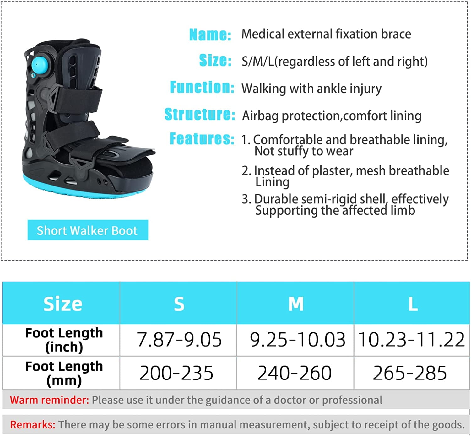 Inflatable Walking Boot, Air Cam Walker Fracture Boot, Short Walker Brace Walking Boot Orthopaedic Boot for Sprained Ankle, Foot Pain Recovery, Stress Fracture, Broken Foot, Achilles Tendonitis (S)
