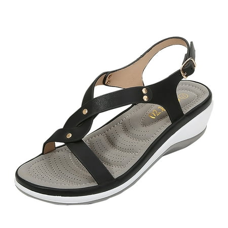

GWAABD Wide Womens Sandals Women s New Wedge Heel Solid Round Head Beach Sandals