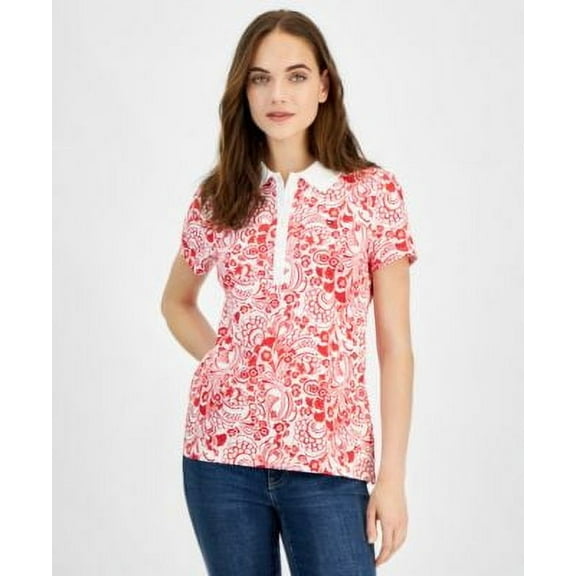 Tommy Hilfiger Womens Floral-Print Short-Sle Scarlet Multi S
