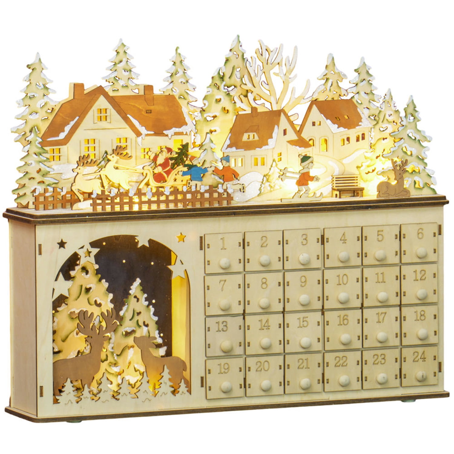 Hommoo Decorations,Christmas Advent Calendar, Light Up Wooden Countdown Calendar with 24 Drawers and LED Lights for Kids and Adults, Battery Operated, Natural