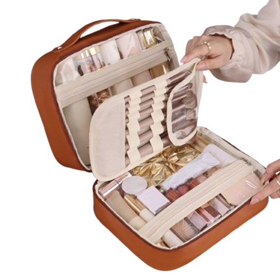 Bxaolu Makeup Bag for Women,Pouch Bag,Makeup Brush Bags Travel Kit Organizer Cosmetic Bag, PU Leather Travel Toiletry Bag for Women (Brown)