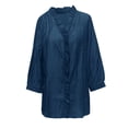 thumbnail image 4 of YMNXA Women's Denim Blouse 3/4 Sleeve V Neck Solid Color Buttons Ruffles Elegant Fashion Comfortable Shirts Top For Casual Daily Wear,Dark Blue,S, 4 of 5