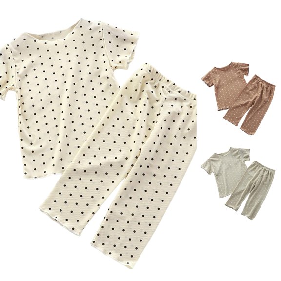 XIYON Girls Pajamas Set Kids Polka Dot Short Sleeve T Shirt Long Pants Pajamas Suits Children's Sleepwear Homewear 6-7 Years