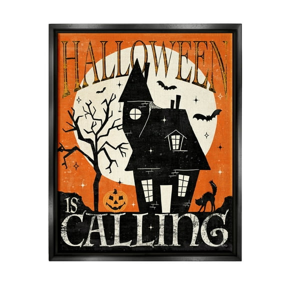 Stupell Industries Halloween Is Calling Haunted House Graphic Art Jet Black Floating Framed Canvas Print Wall Art, Design by Veronique Charron