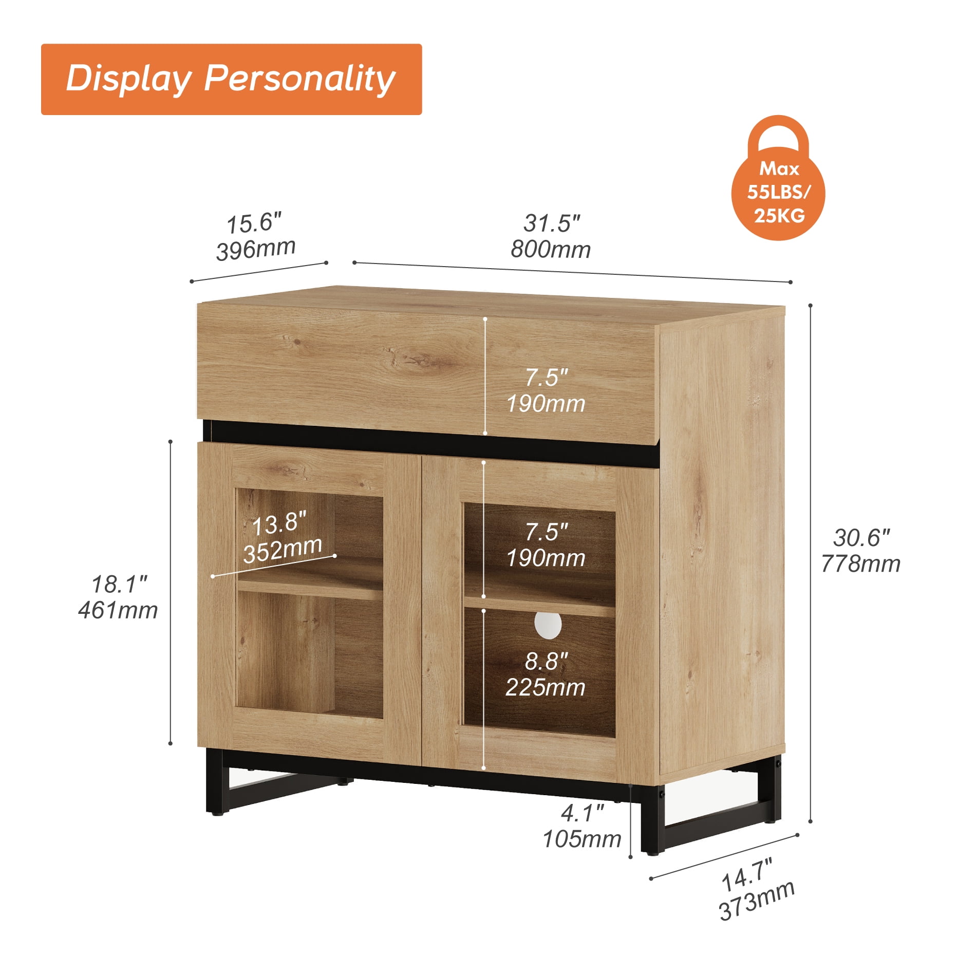 Modern Sideboard Buffet Cabinet with Glass Door & 1 Drawer, Adjustable Shelf Credenza, Coffee Bar Storage Cabinet for Living Room & Kitchen,Oak