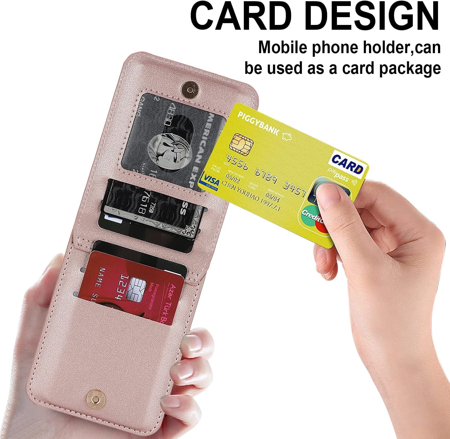 Phone Case for Samsung Galaxy Z Flip 3 5G 2021 Wallet Cover with Credit Card Holder Zipper Slot Crossbody Strap Lanyard Leather Stand Cell Accessories ZFlip3 Z3 Flip3 3Z Women Girls Rose Gold