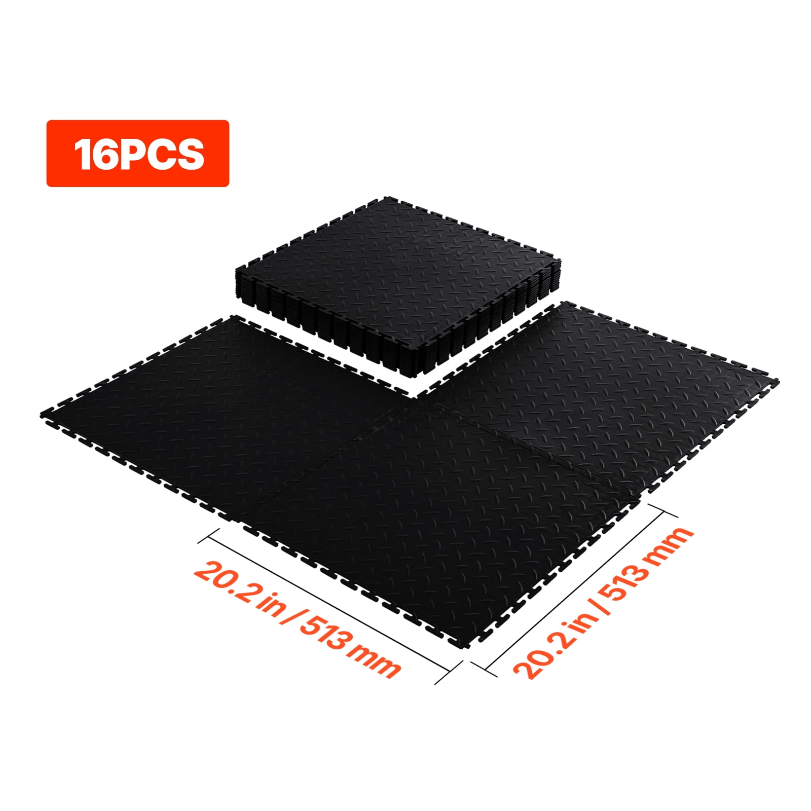 KFFKFF Interlocking Garage Floor Tiles, 16 Pack 20.2 x 20.2 x 0.2 in Modular Slip-Resistant PVC Flooring, Diamond Plate Design for Workshops, Warehouses, and Tool Rooms, Black