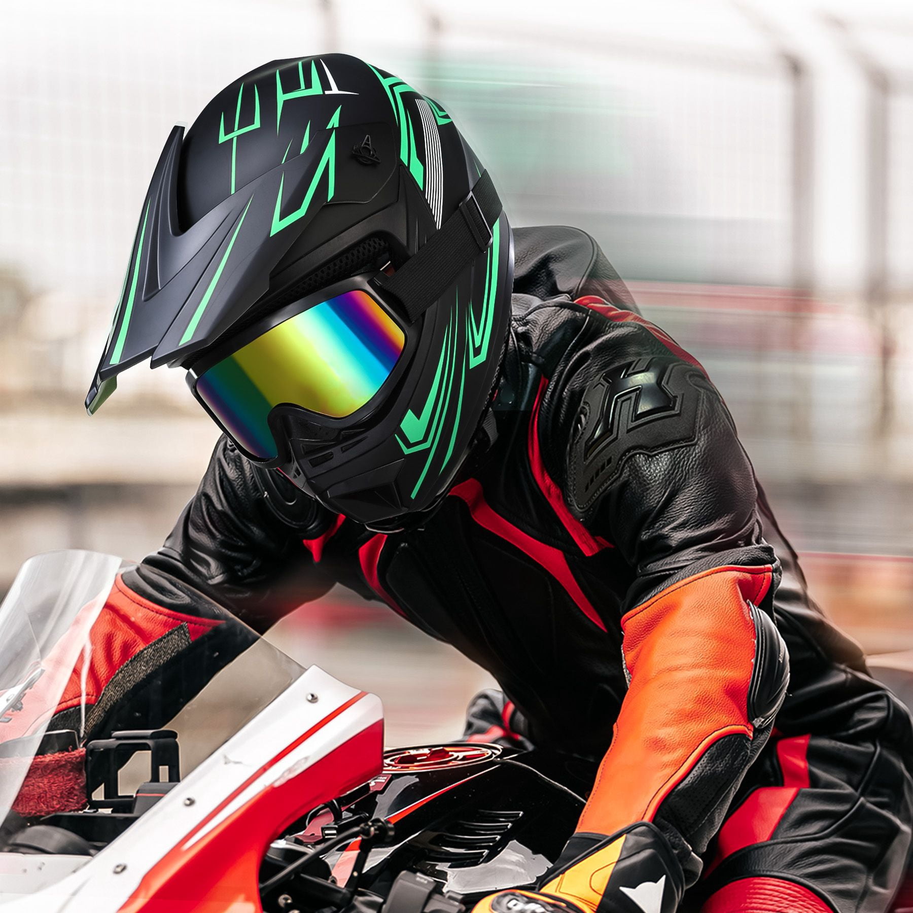 Oryxearth Motocross Dirt Bike Helmet, Off-Road Motorcycle & ATV Helmet with Goggles Gloves, Green, L