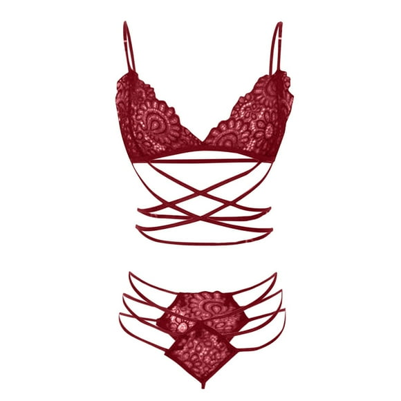 TSADFHJI Lace Lingerie Women Sexy Lingerie Corset Lace Bandage Push up Top Bra and Pants Underwear Set S Red