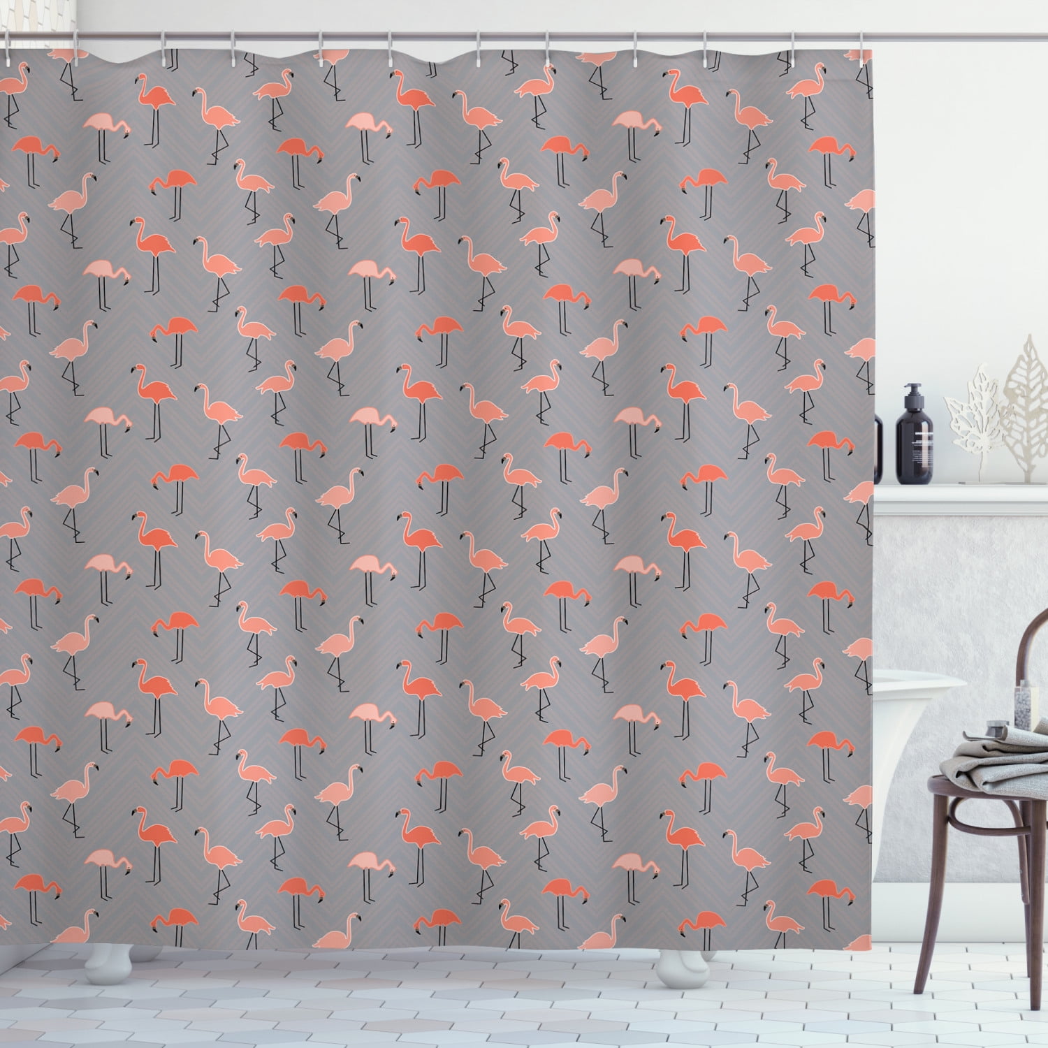 Flamingo Shower Curtain, Chevron Zigzags Background with Tropical