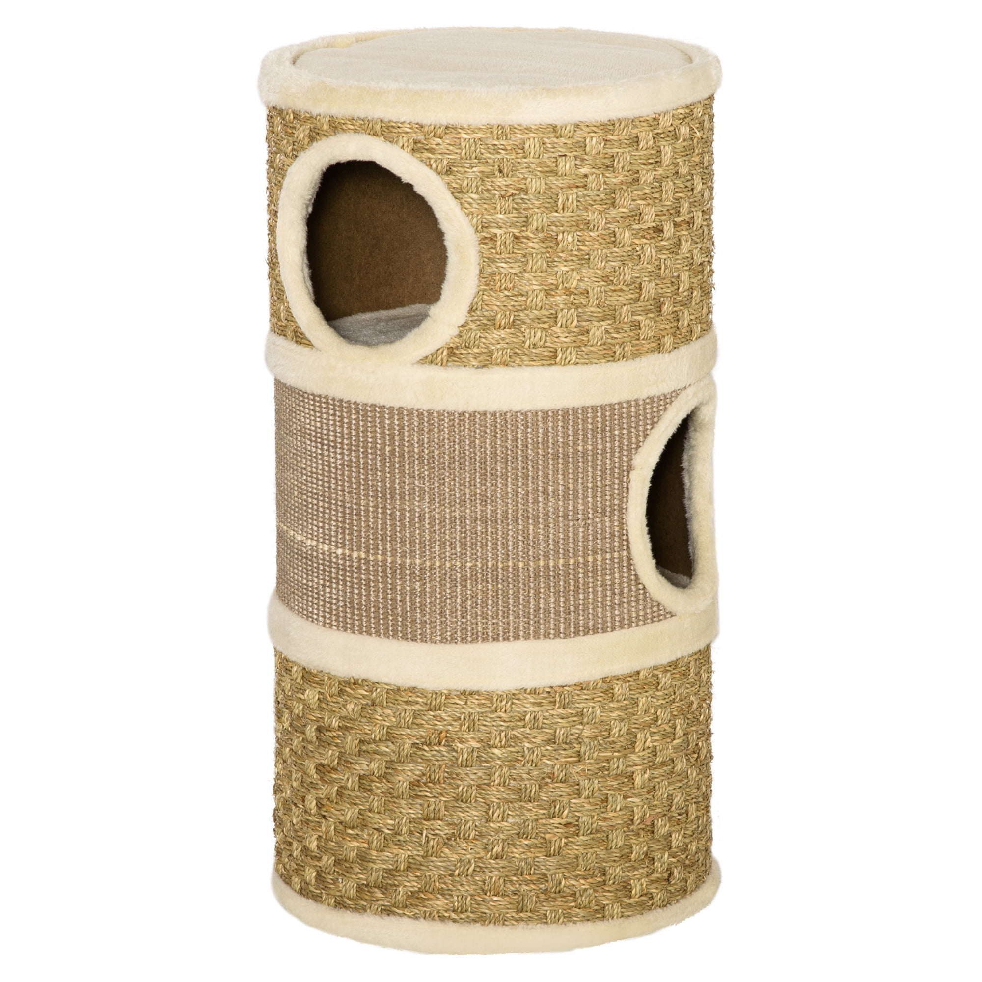 28 Inch Cat Condo, 3 Story Cat Hideaway with Sisal Scratching Pad, Barrel Shaped Small Cat Tree for Indoor Cats, Khaki and Brown