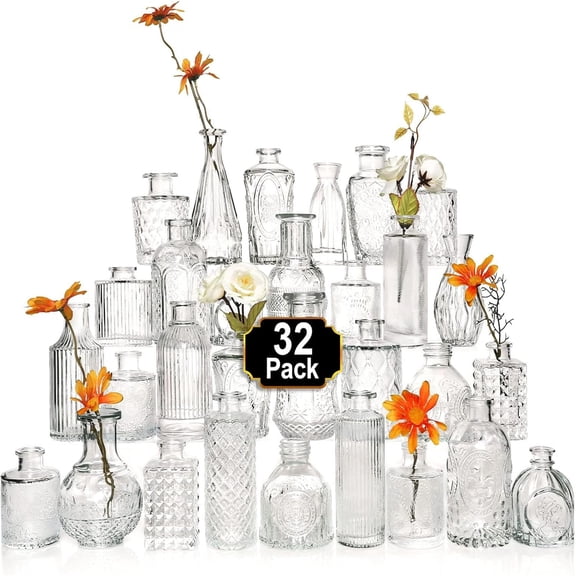 Arme Glass Bud Vase Set of 32 Pcs，Small Glass Vases for Flowers，Clear Bud Vases in Bulk，Vintage Vases for Centerpieces，Small Glass Bud Vase for Rustic Wedding Drations，Home Table Flower Décor