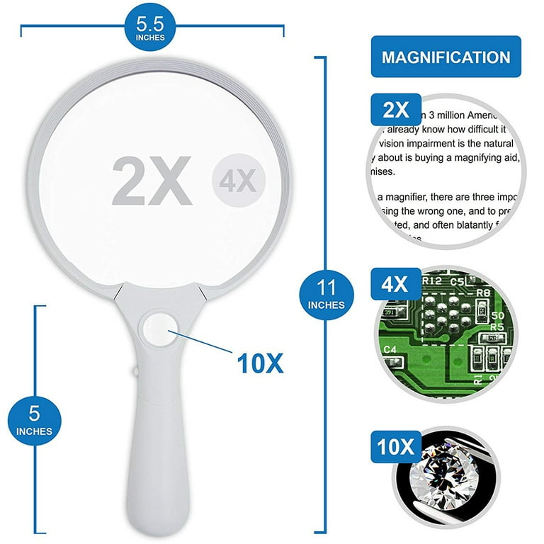 Extra Large LED Handheld Magnifying Glass with Light - 2X 4X 10X Lens -  Best Jumbo Size Illuminated Reading Magnifier for Books