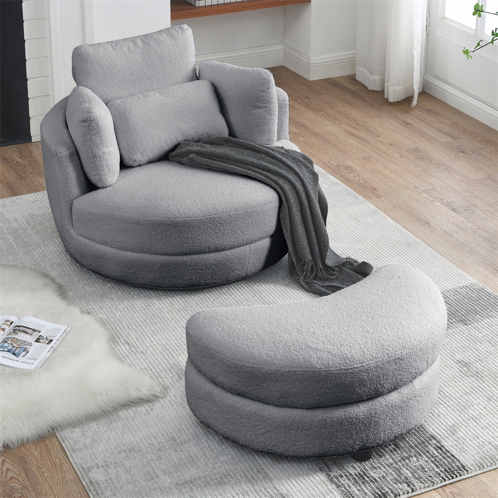 Oversized Accent Swivel Chair with Moon-shaped Storage Stool, Teddy ...