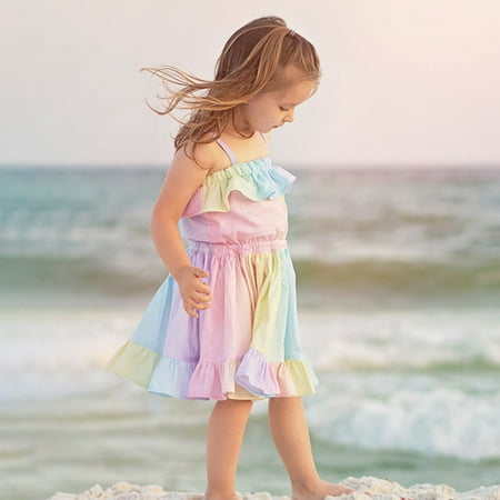 

AURIGATE Clearance! Toddler Kids Baby Girls Sleeveless Ruffles Rainbow Beach Suspender Dress