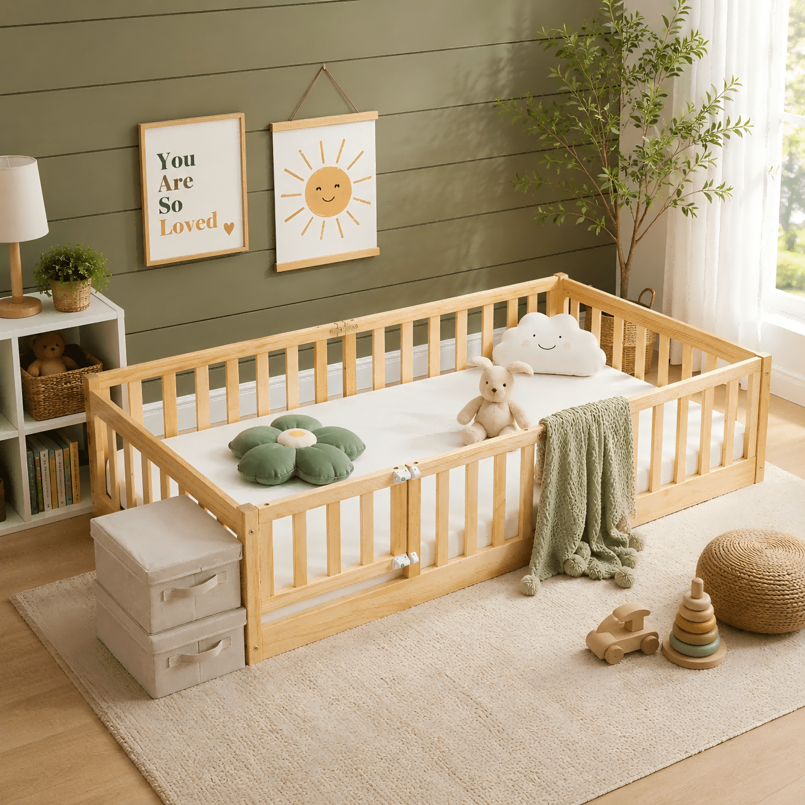 Ktaxon Montessori Twin Floor Bed with Safety Guardrails, Toddler Bed Frame for Kids, Wood Frame - Nature