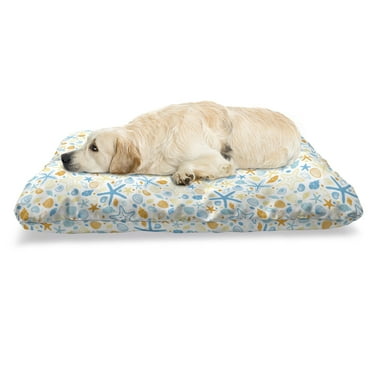 Starfish Pet Bed, Vintage Summer Beach Pattern with Colorful Seashells Silhouettes, Chew Resistant Pad for Dogs and Cats Cushion with Removable Cover, 24" x 39", Blue Orange Pale Yellow, by Ambesonne