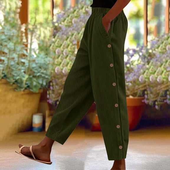 Juslio Pants for Women Comfortable Button Corduroy Elastic Waist with Pockets Casual Straight Pants
