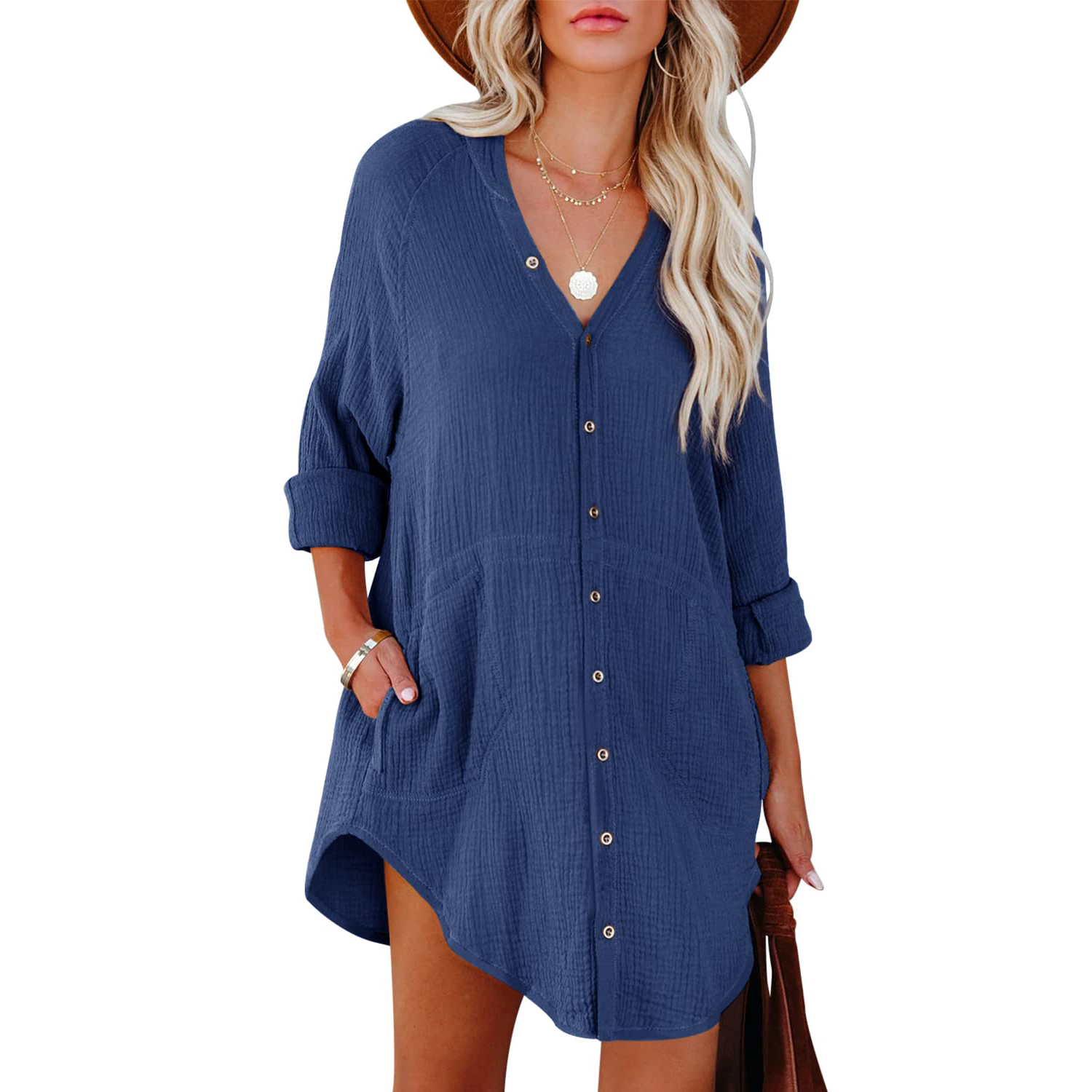 Esobo Women's Long Sleeve Button Down Tunic Shirts Cute V Neck Tops