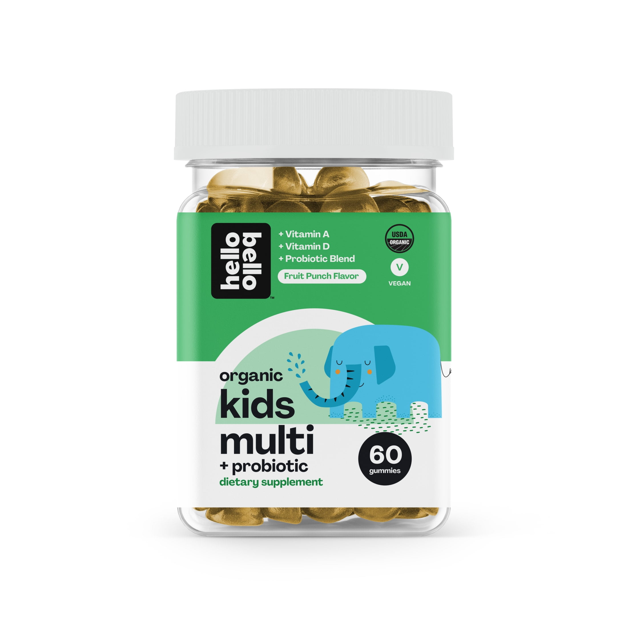 Hello Bello Kid's Multi Vitamin + Probiotics I Vegan, Certified Organic and nonGMO Natural Fruit Punch Flavor Gummies I Made with Vitamin A, Vitamin B6, Folate and B12 I 60 Count