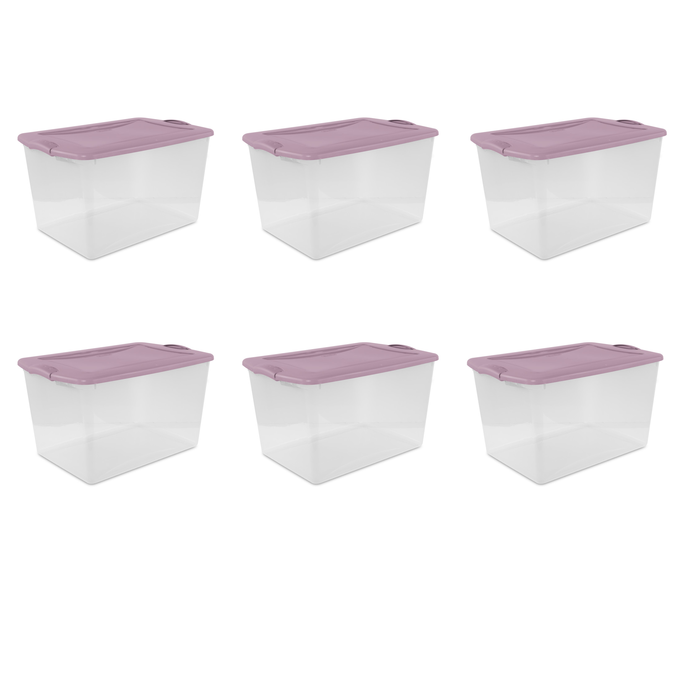 Sterilite Large Latching Storage Bin, 66 Quart Clear Plastic Storage Container with Latch Lid, Purple, 6 Pack