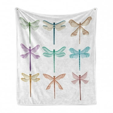 Dragonfly Soft Flannel Fleece Throw Blanket, Vivid Insects with Fragile Wings on Plain Background Print, Cozy Plush for Indoor and Outdoor Use, 50" x 60", Multicolor, by Ambesonne